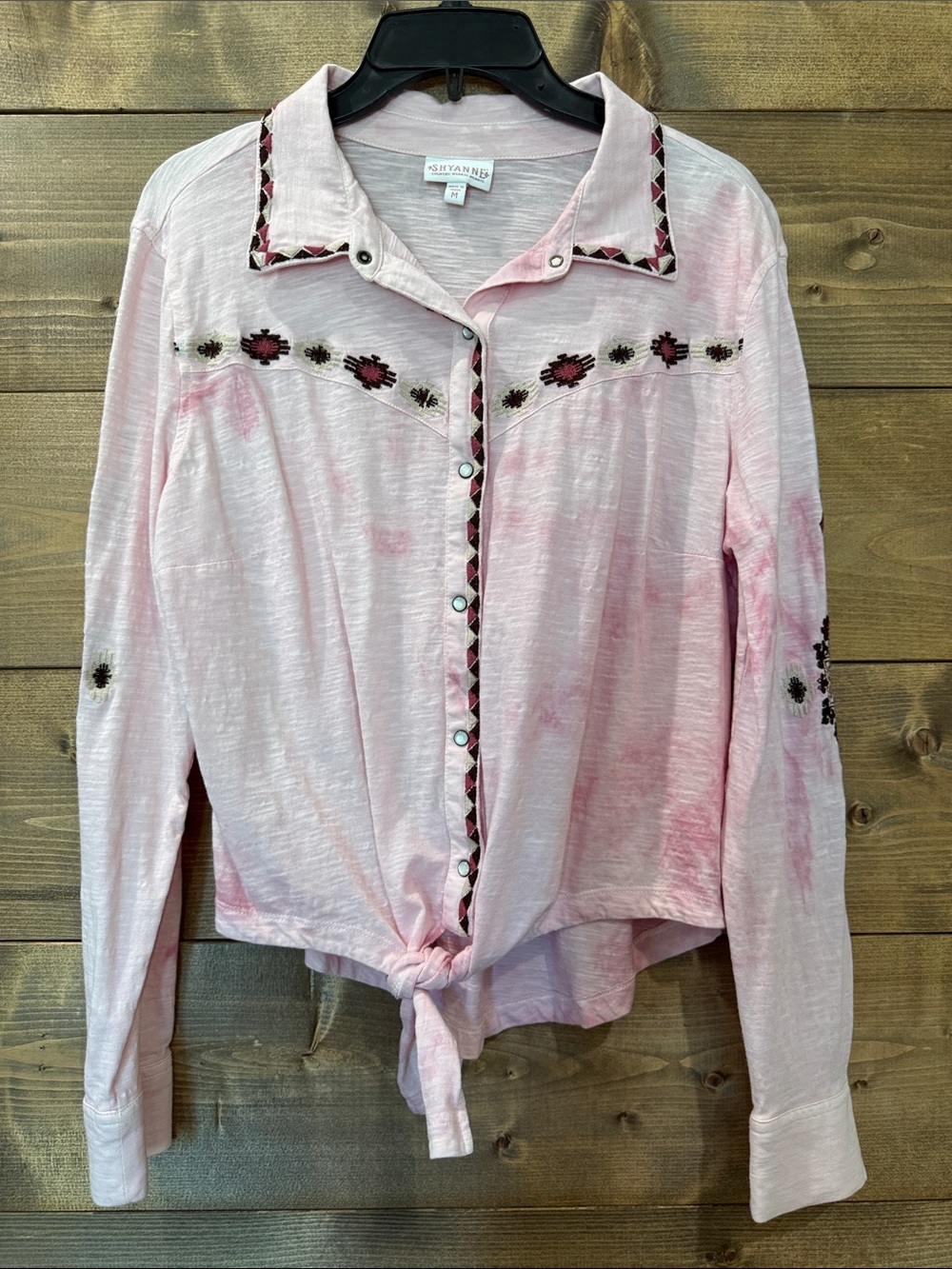 Shyanne Light Pink Embroidered Tie-Front Pearl Snap Shirt